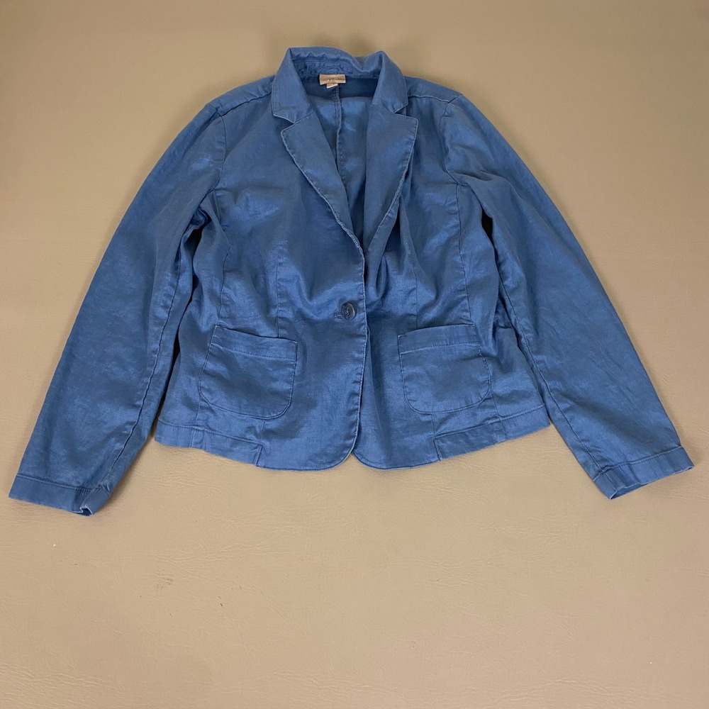 J. Jill Blue Linen Jacket Women's Size M Petite Stretch Single Button Blazer